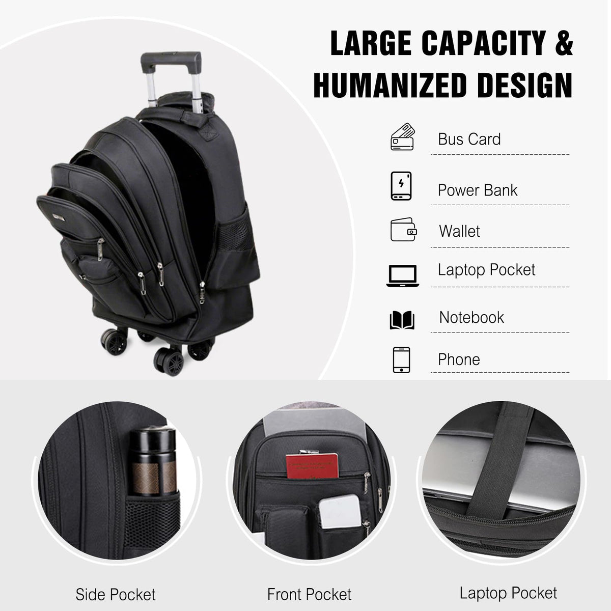 Rolling Backpack with Silent Wheels Black D47651