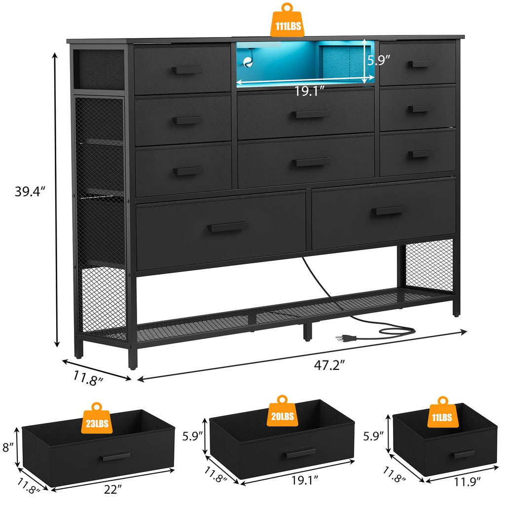 Black 10 Drawer Dresser with Charging Station and LED Light F808180