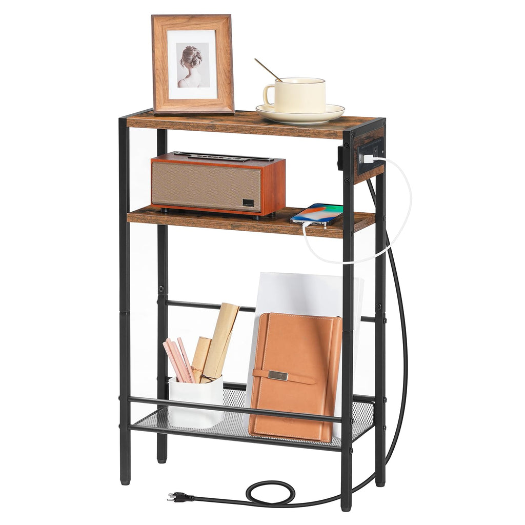 Small Narrow Side Table with Charging Station and Storage Shelf O598252