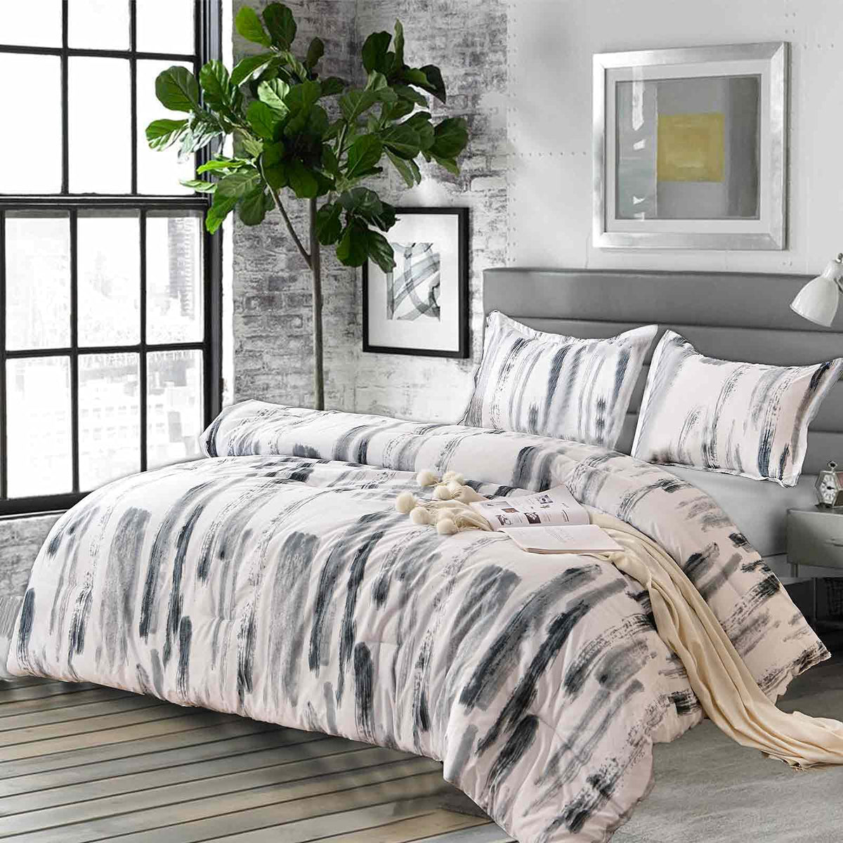 King 3pc Grey White Reversible Microfiber Comforter Set L95843