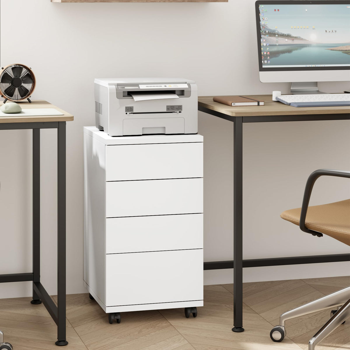 White 4 Drawer Wood Storage Cabinet with Wheels C15715
