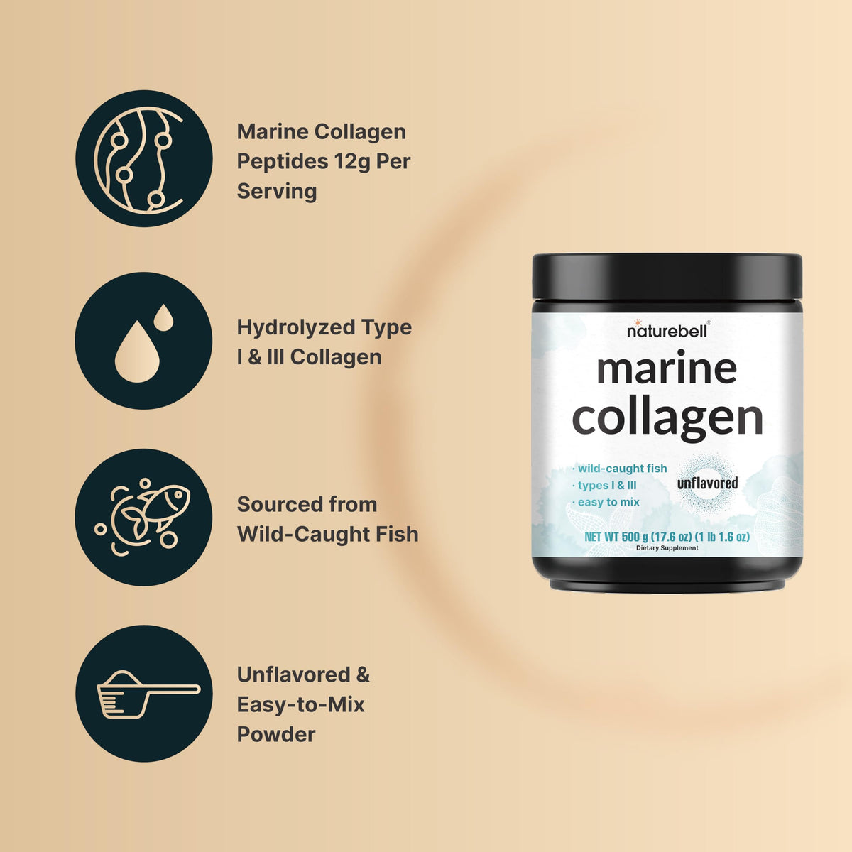 Marine Collagen Powder, 500g Hydrolyzed Type I & III Peptides, Unflavored Q1569