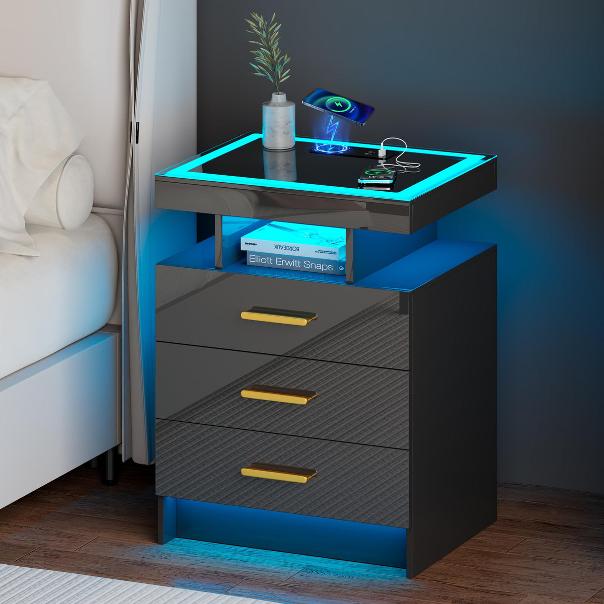 Black 3 Drawer LED Nightstand with Charging Station S8403