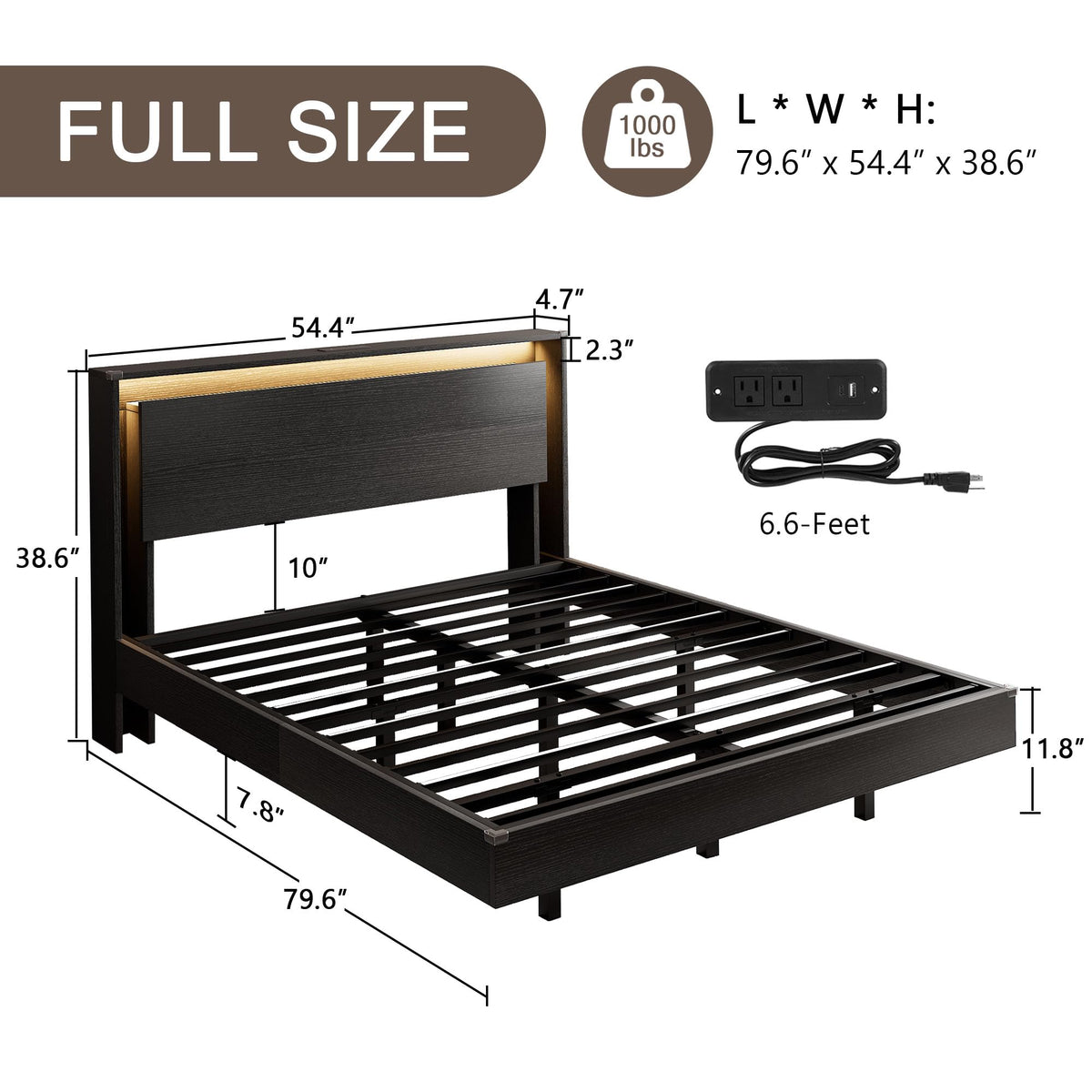 Full Size Wood Bed Frame with Storage Headboard and LED Lights J990638
