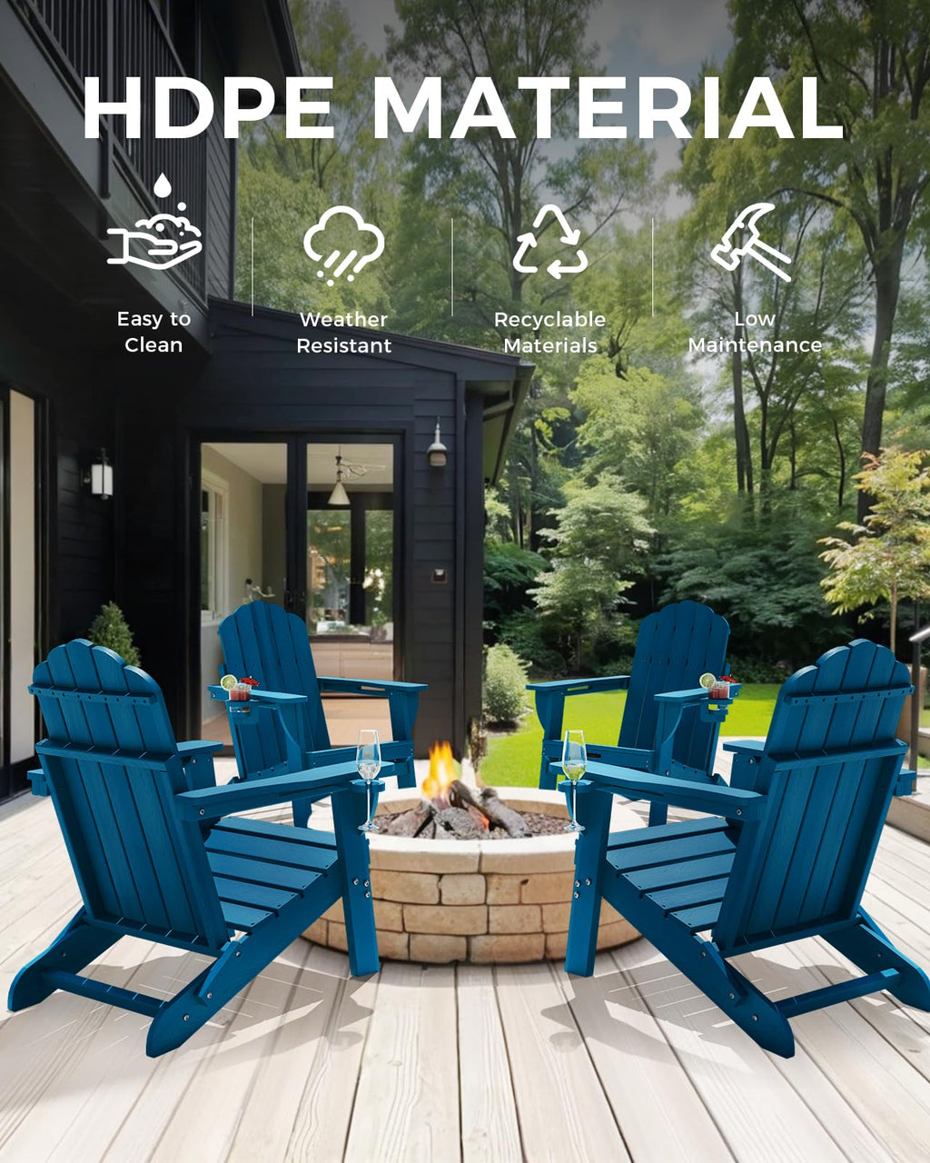 Folding Adirondack Chairs Set of 4 with 2 Cup Holders D590