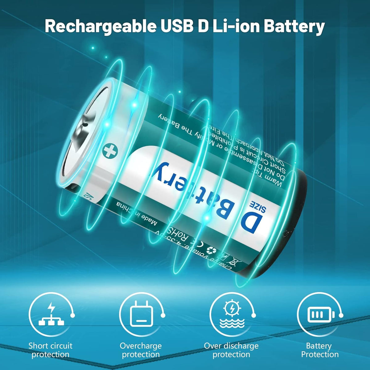 D Size Rechargeable Lithium Batteries with USB-C Charging Cable I7594