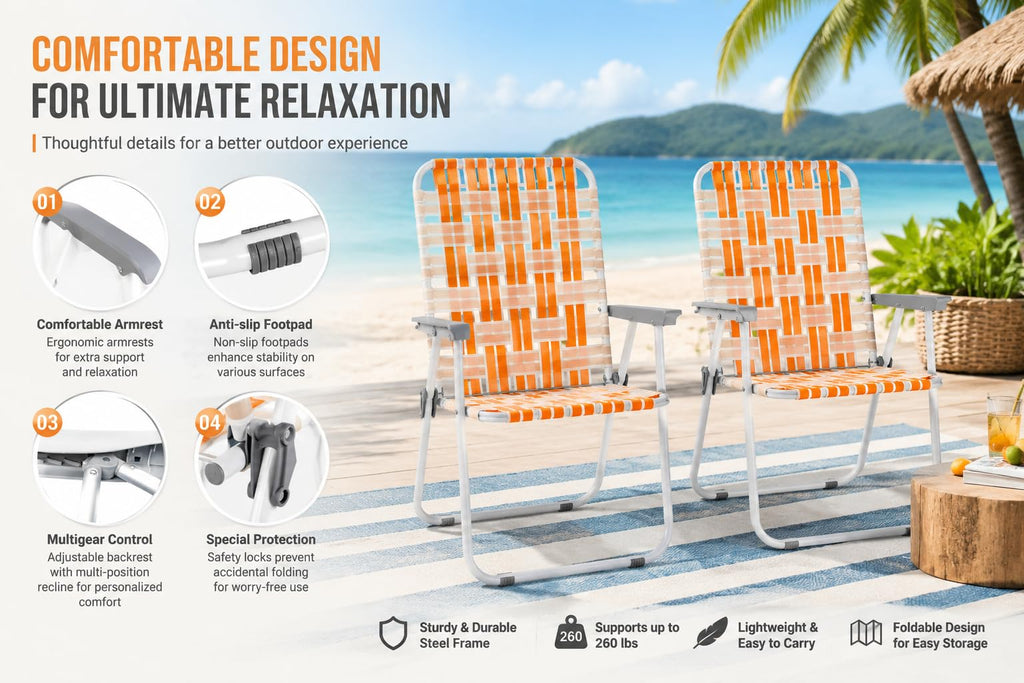 Webbed Foldable Metal Patio Chairs Set of 2 T5693