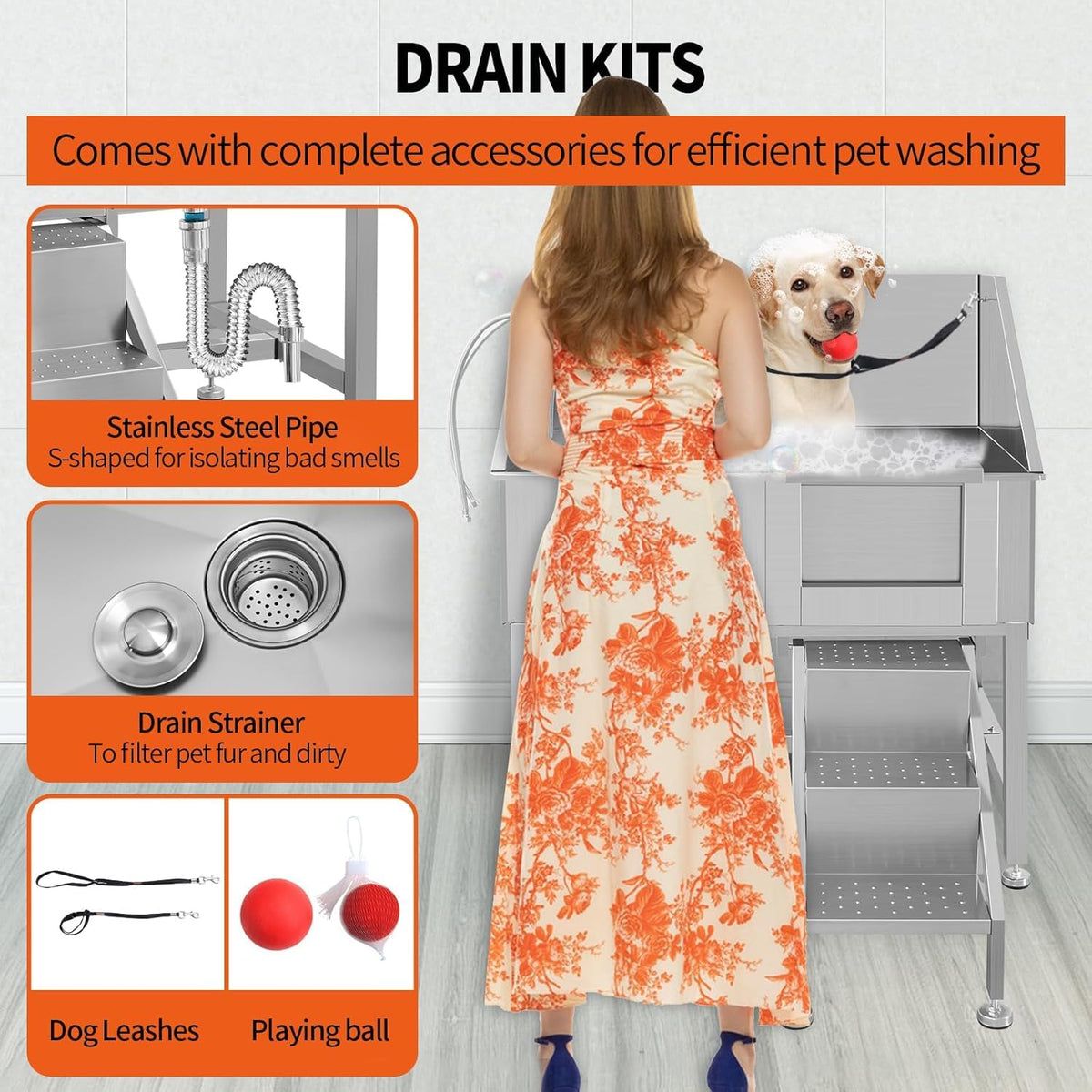 38" Stainless Steel Dog Grooming Tub with Ramp F155