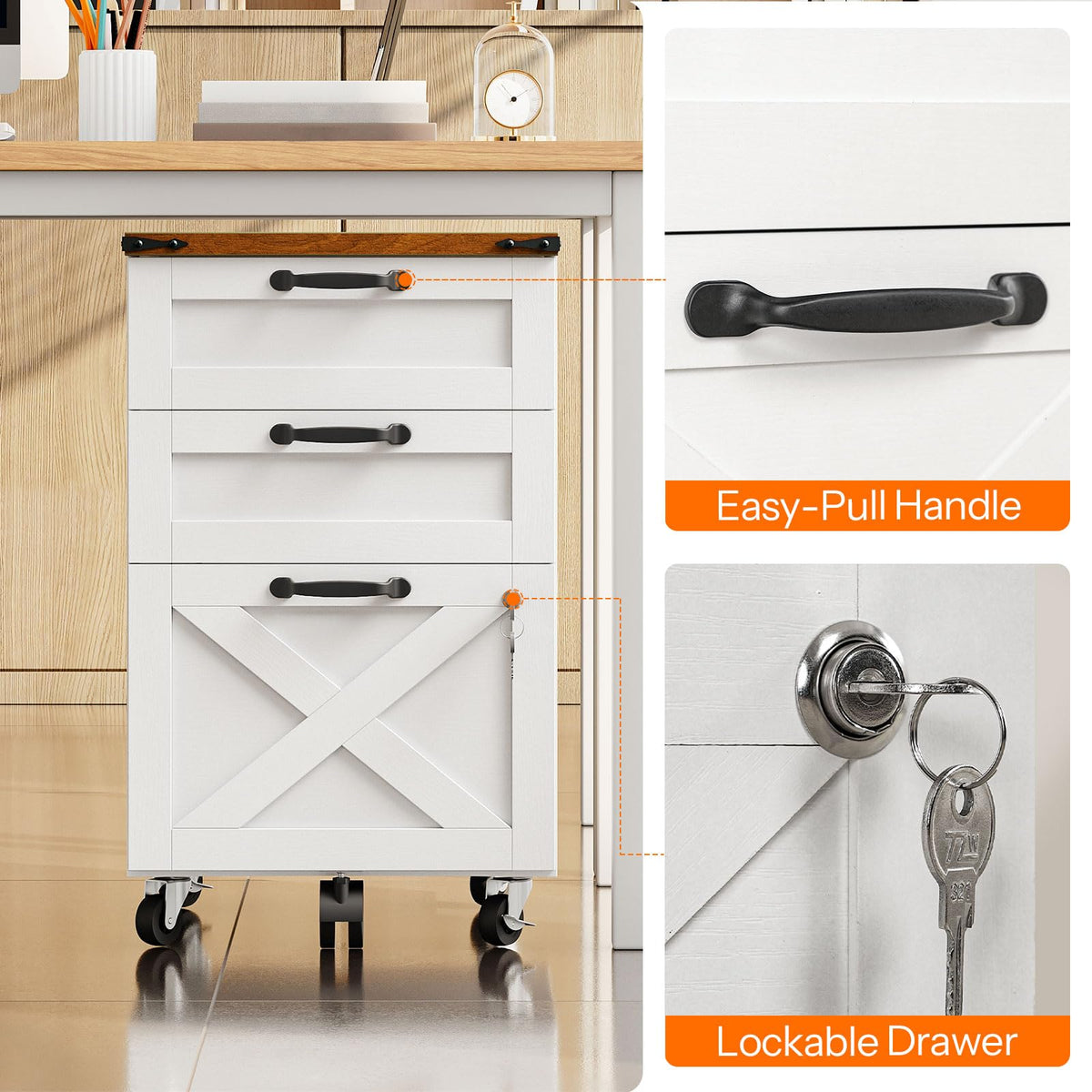 3 Drawer File Cabinet with Lock, Mobile Rolling Office Cabinet, White and Walnut S834046