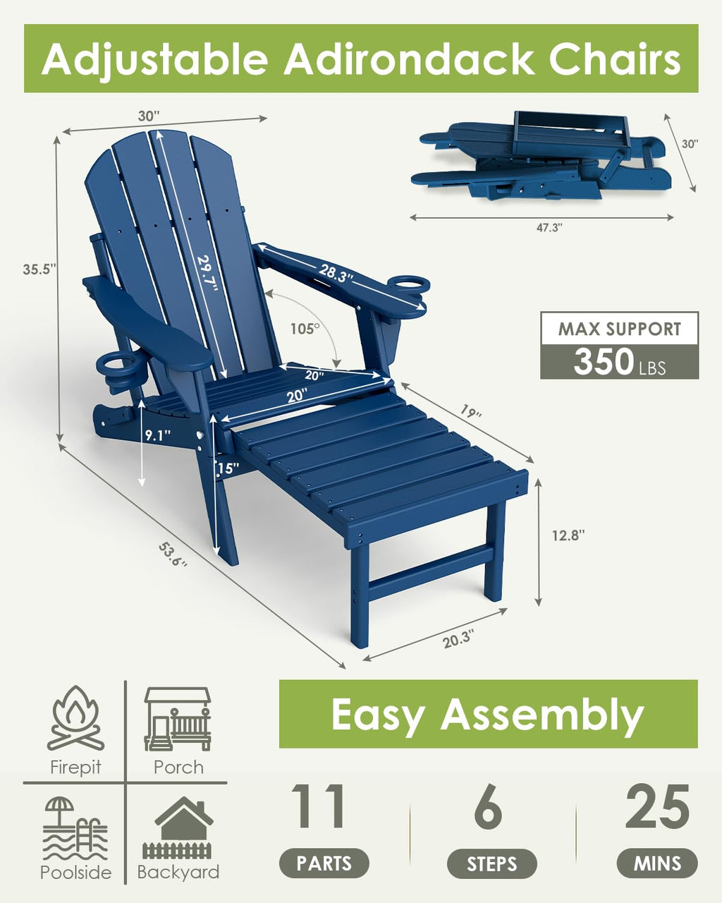 Adjustable Adirondack Chairs with Ottoman Set of 2 Blue G623395