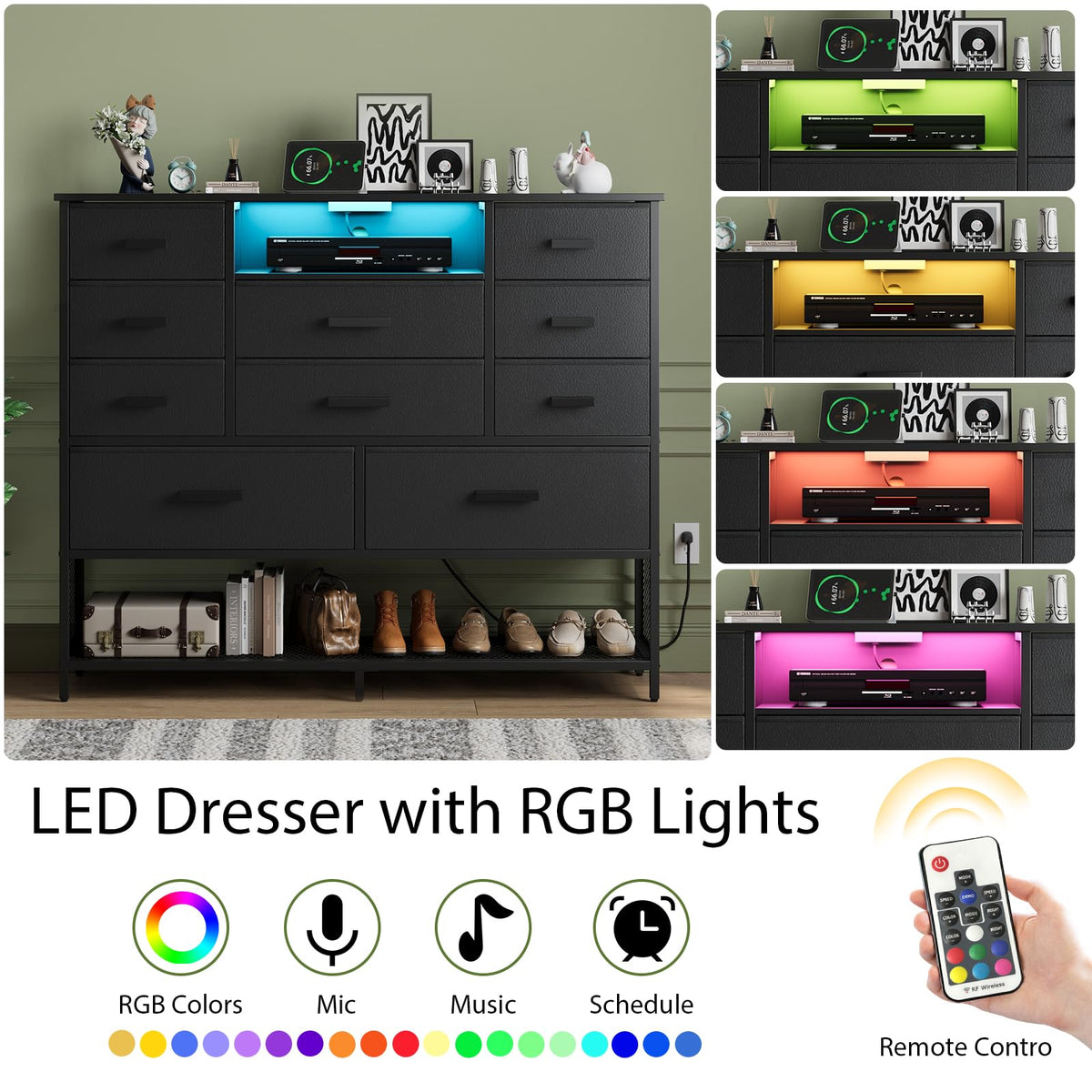 Black 10 Drawer Dresser with Charging Station and LED Light F808180