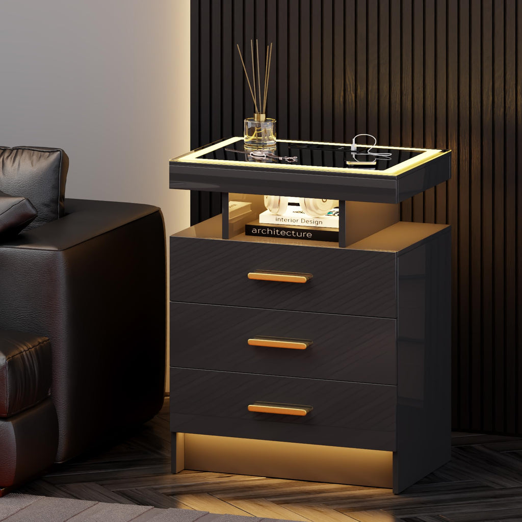 Black 3 Drawer LED Nightstand with Charging Station S8403
