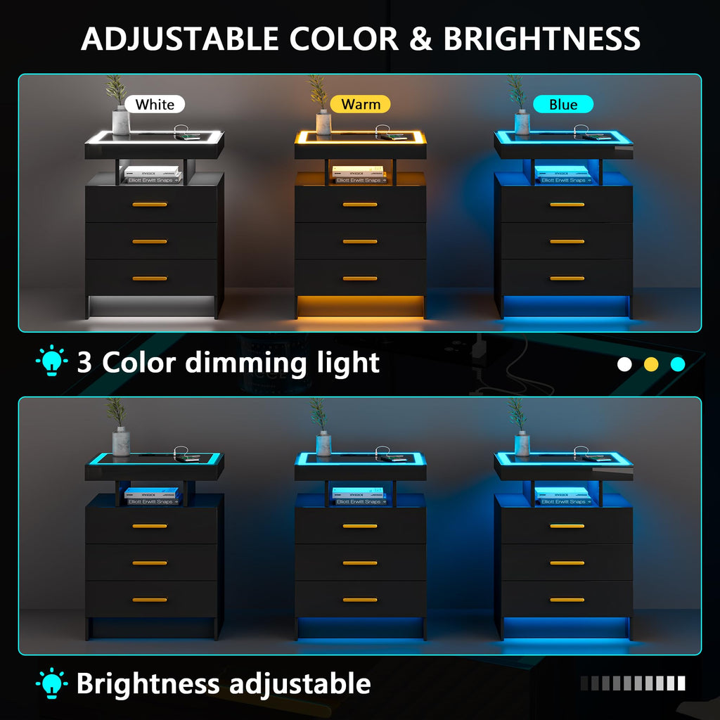 Black 3 Drawer LED Nightstand with Charging Station S8403