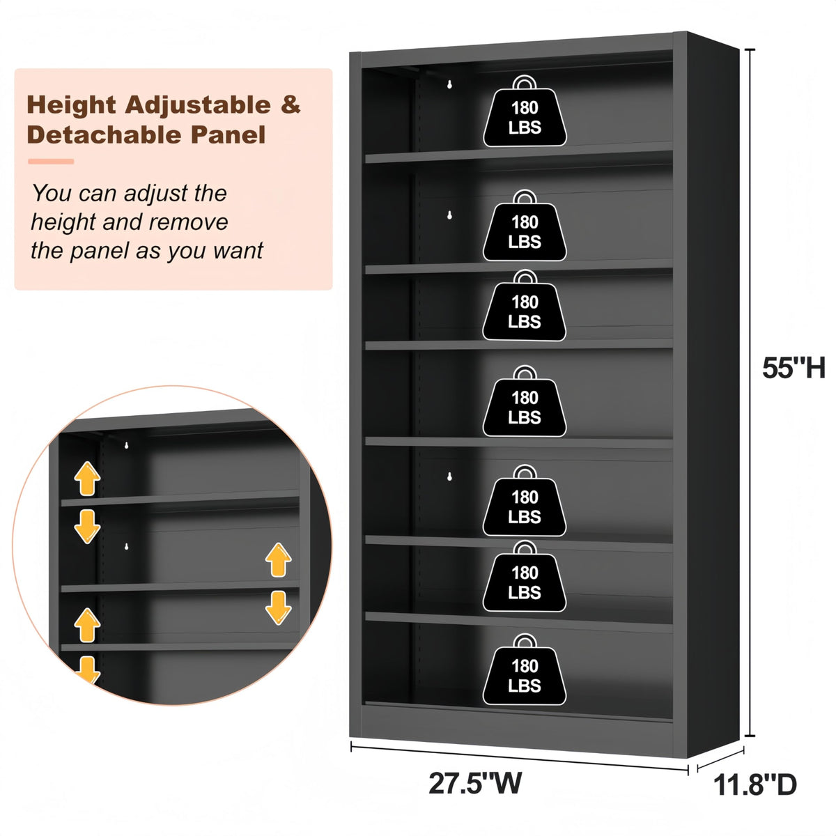 55" Metal Media Storage Cabinet with 6 Adjustable Shelves S293