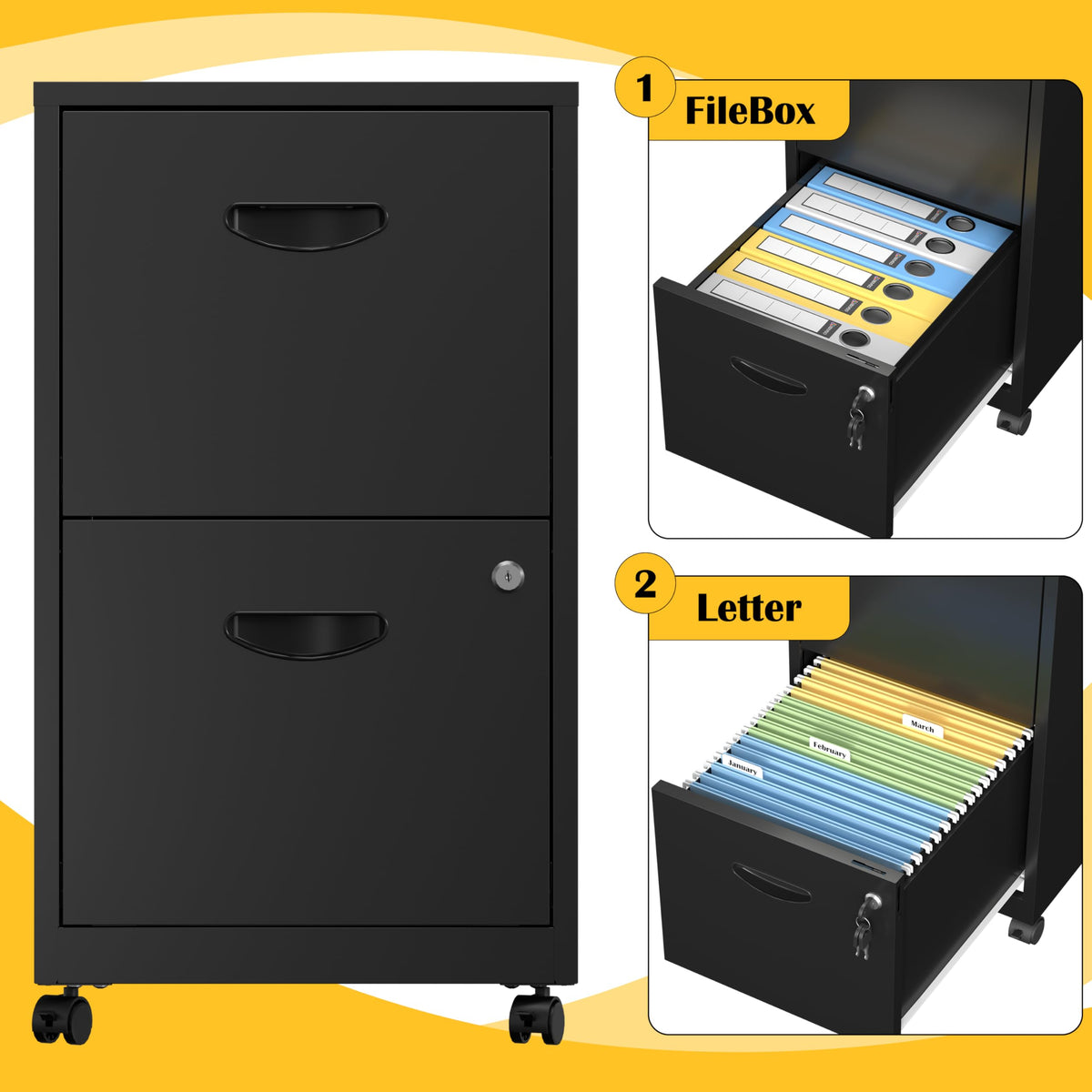 2 Drawer Black Metal File Cabinet with Lock V580095