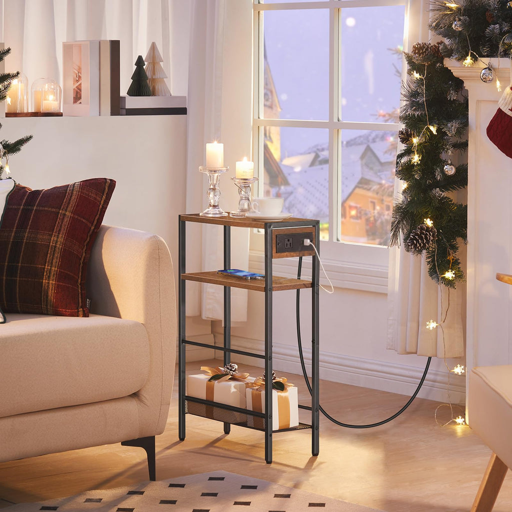 Small Narrow Side Table with Charging Station and Storage Shelf O598252