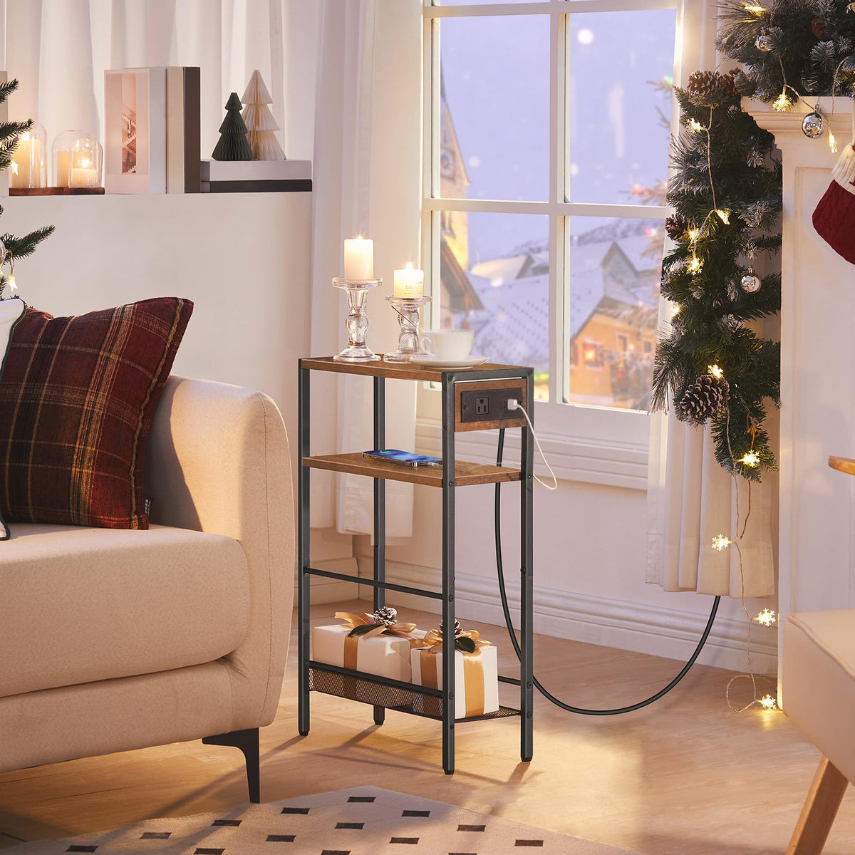 Small Narrow Side Table with Charging Station and Storage Shelf O598252