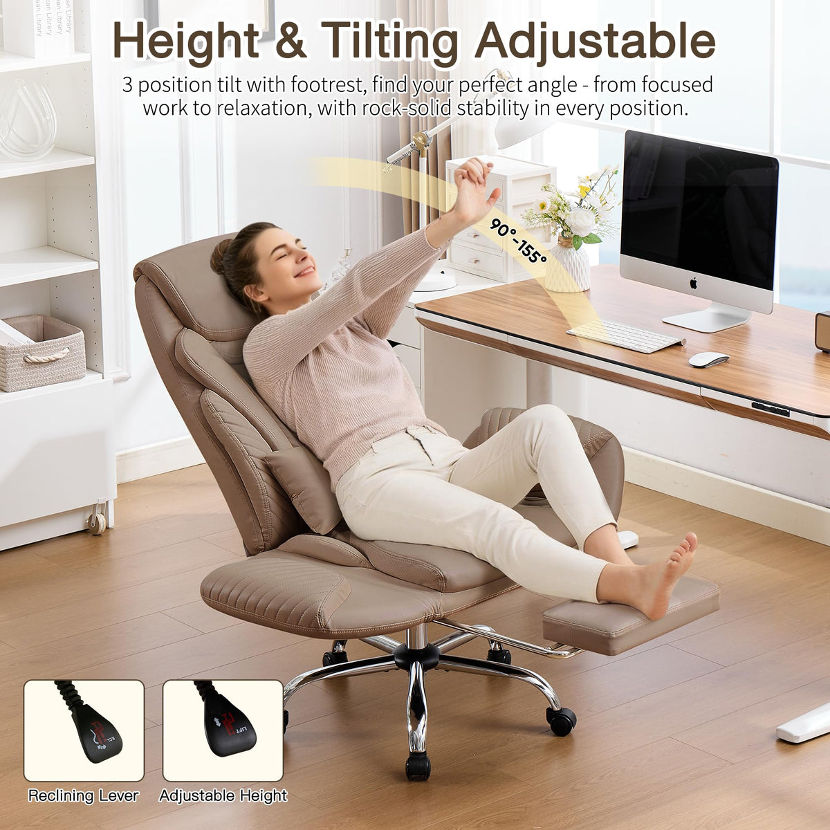 Cross Legged Office Chair with Flip Armrest and Footrest Brown N55538