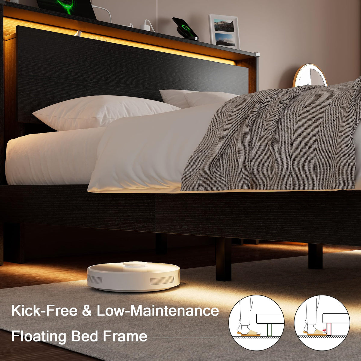 Full Size Wood Bed Frame with Storage Headboard and LED Lights J990638