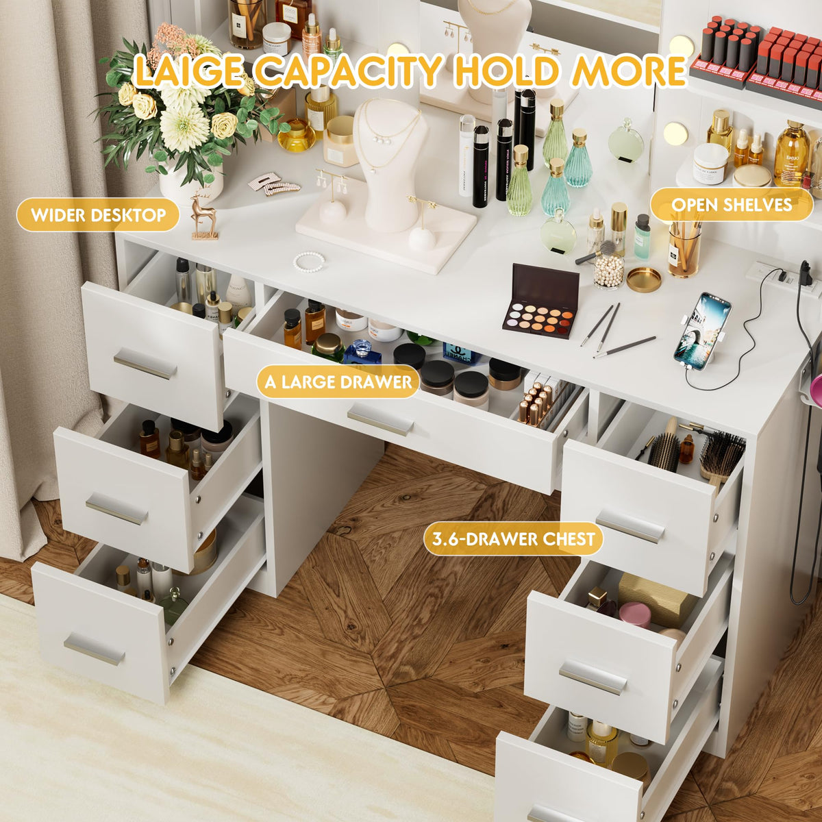 White Vanity Desk with Lighted Mirror and 7 Drawers B928317