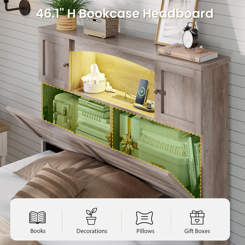 Twin Size Wood Platform Bed Frame with Bookcase Storage Headboard and 4 Drawers D5278