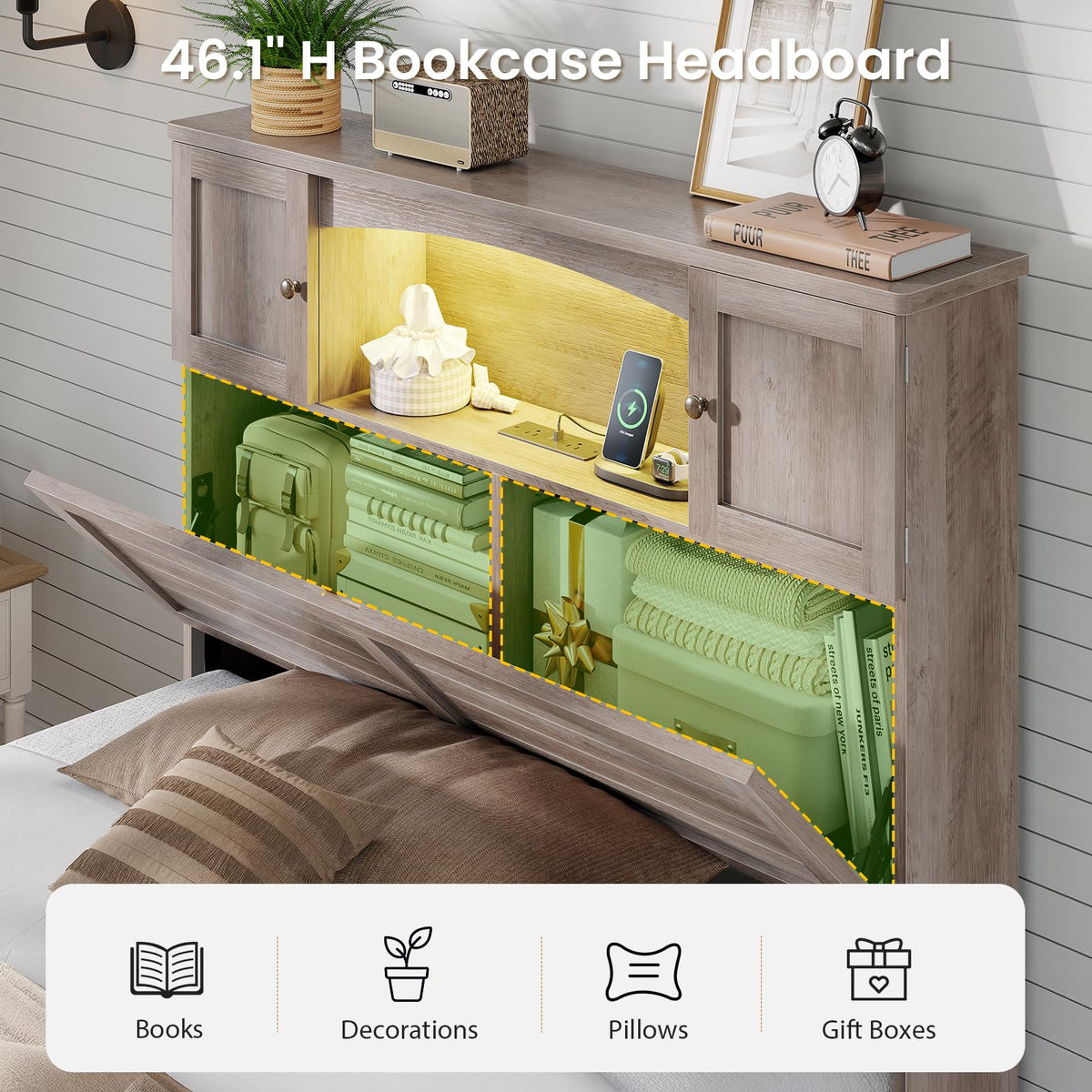 Twin Size Wood Platform Bed Frame with Bookcase Storage Headboard and 4 Drawers D5278