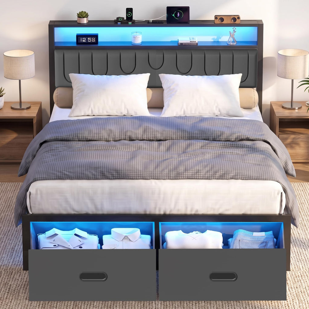 Full Bed Frame with 2 Drawers, LED Lights and Charging Station W918337