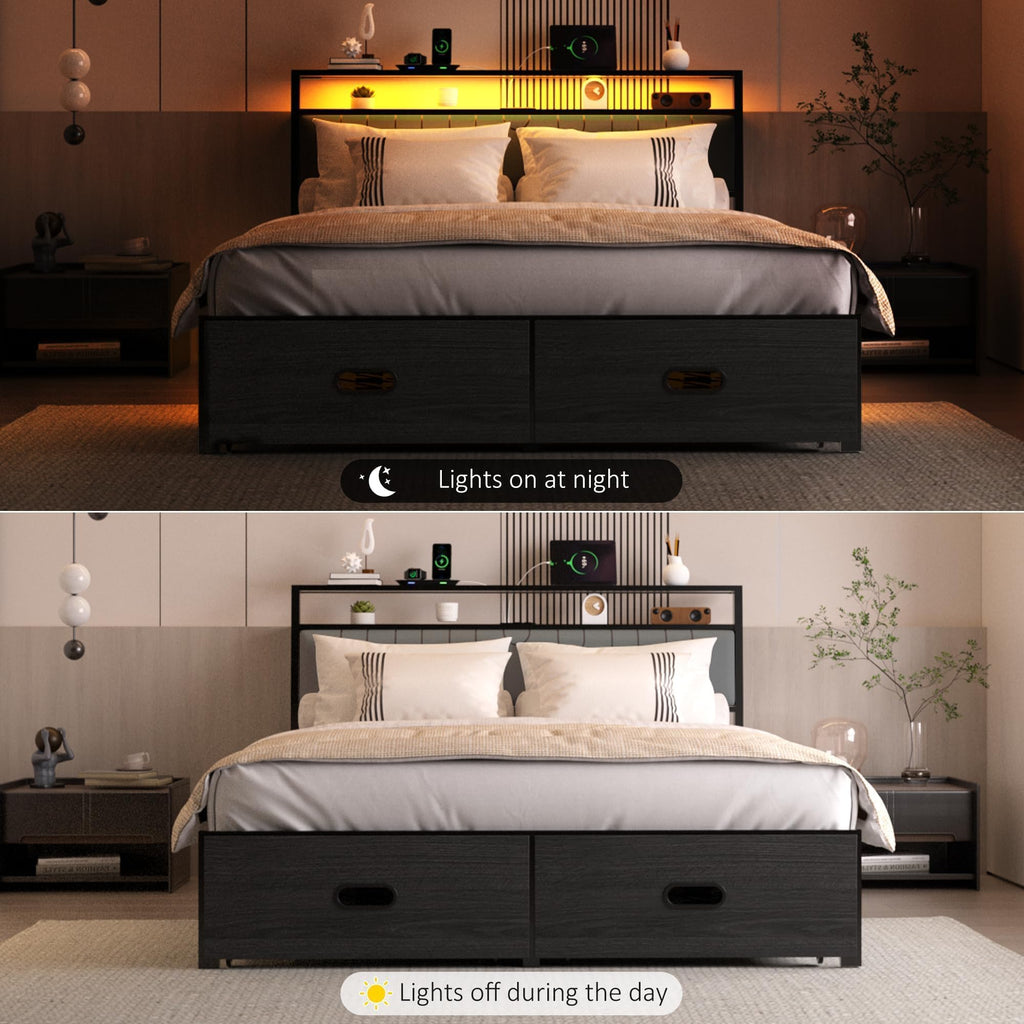 Full Bed Frame with 2 Drawers, LED Lights and Charging Station W918337