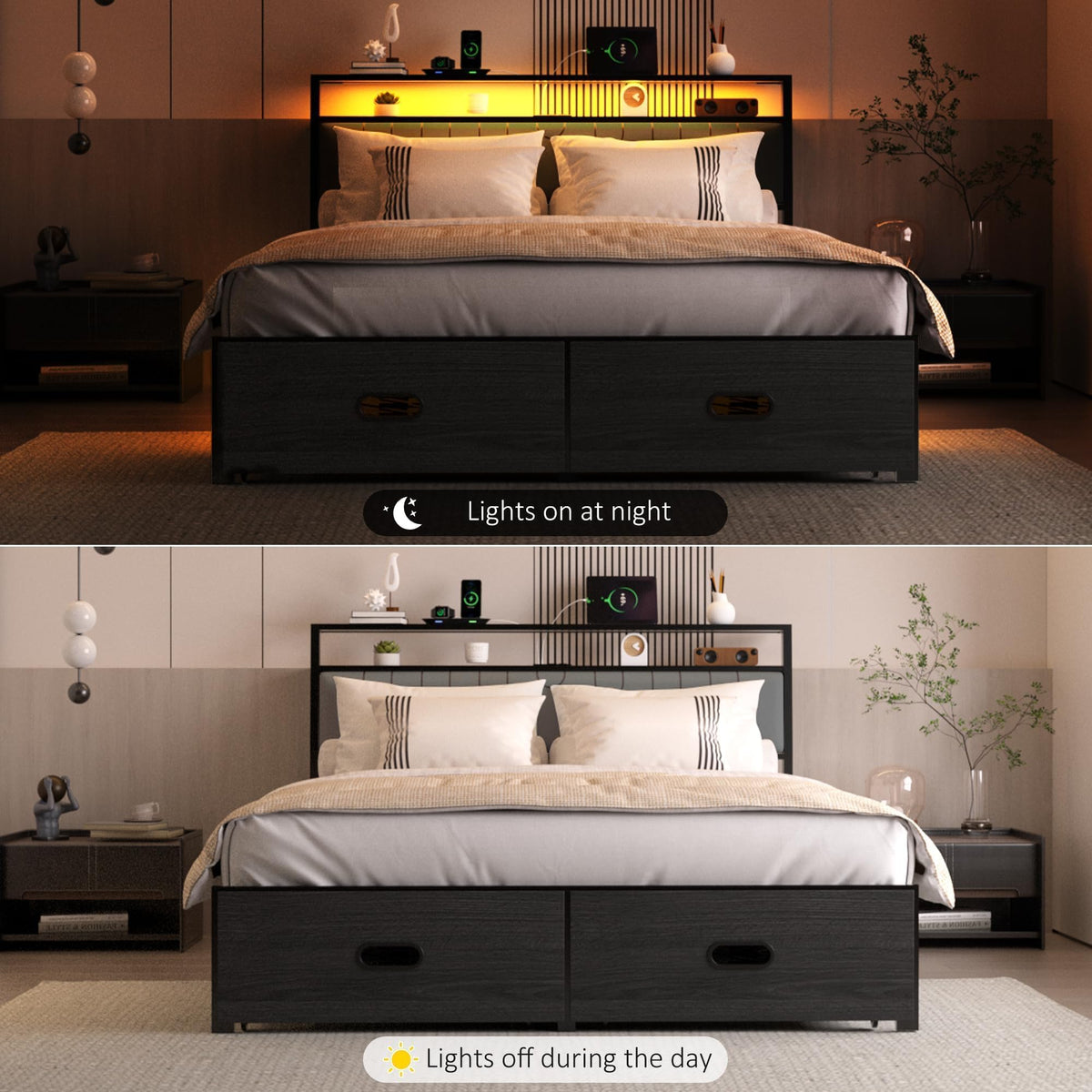 Full Bed Frame with 2 Drawers, LED Lights and Charging Station W918337