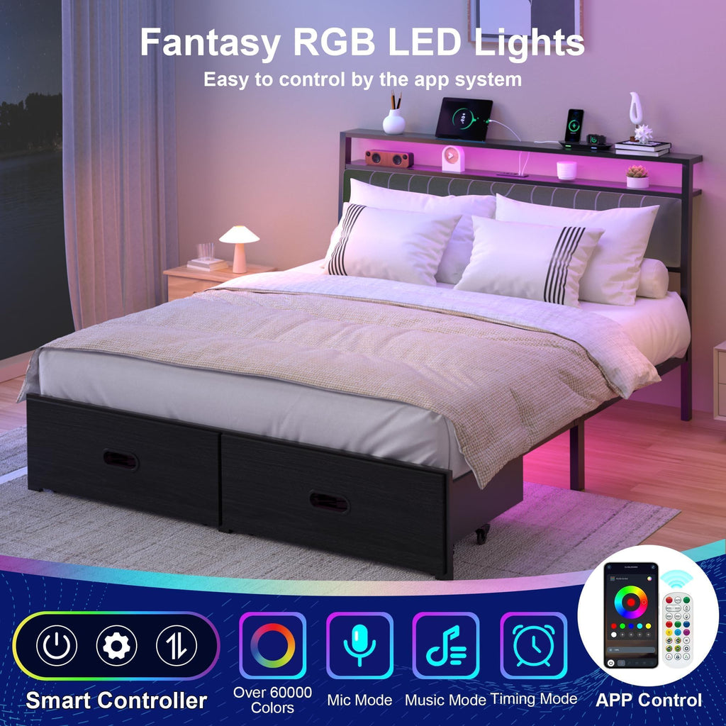 Full Bed Frame with 2 Drawers, LED Lights and Charging Station W918337
