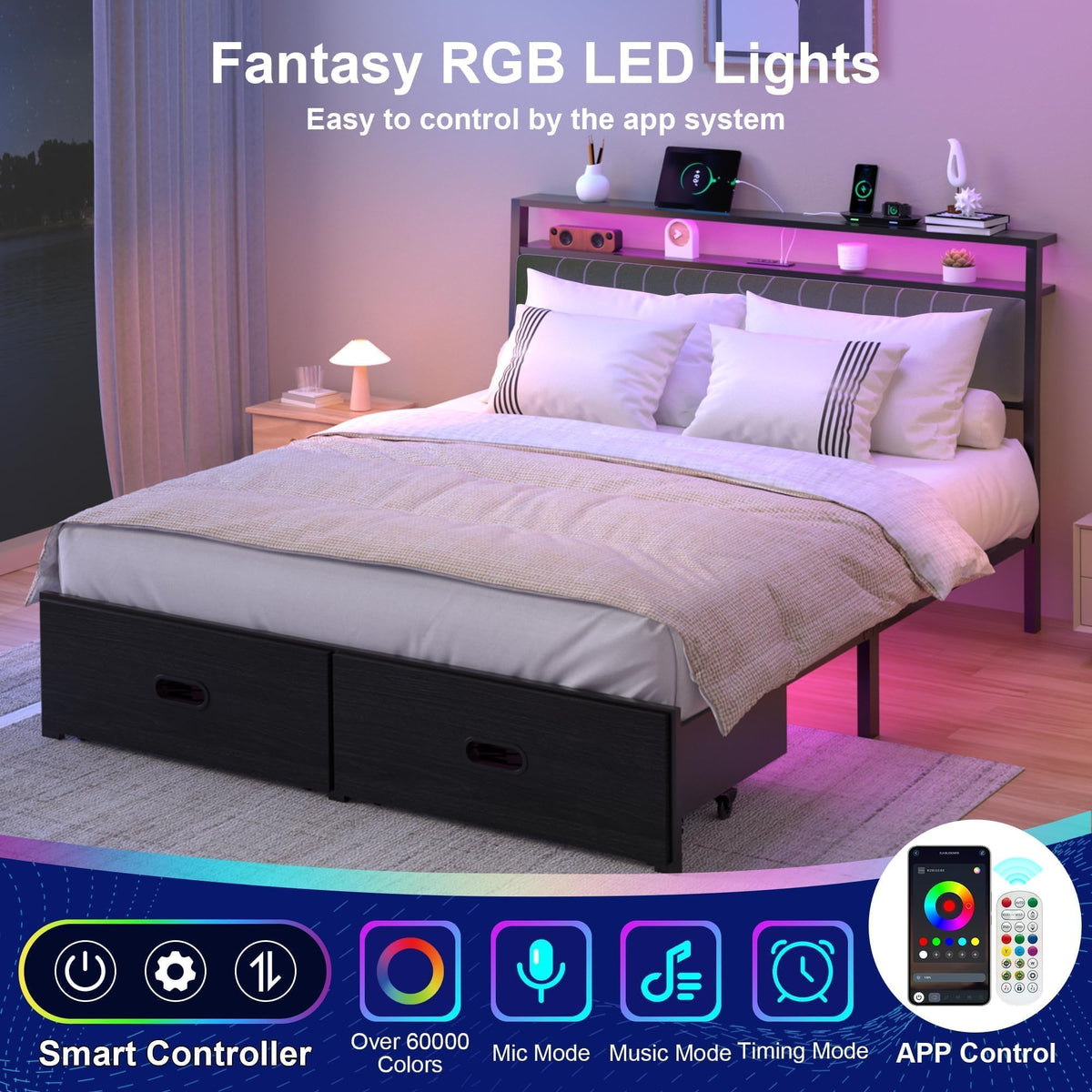 Full Bed Frame with 2 Drawers, LED Lights and Charging Station W918337