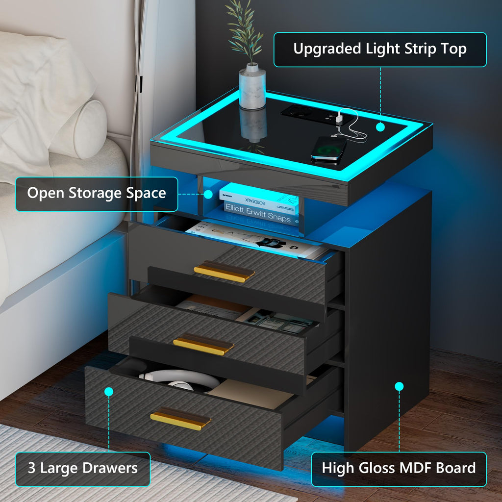 Black 3 Drawer LED Nightstand with Charging Station S8403
