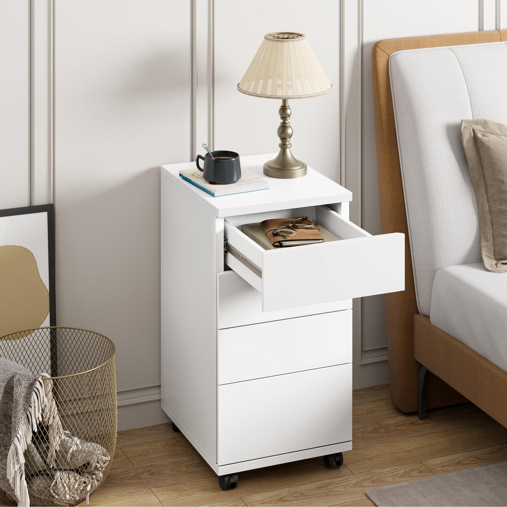 White 4 Drawer Wood Storage Cabinet with Wheels C15715