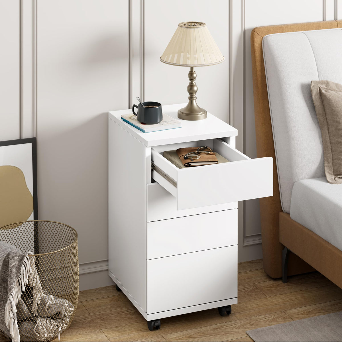 White 4 Drawer Wood Storage Cabinet with Wheels C15715