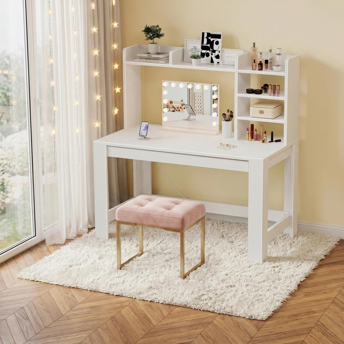 White Student Desk with Hutch and Built-in Power Outlet G672