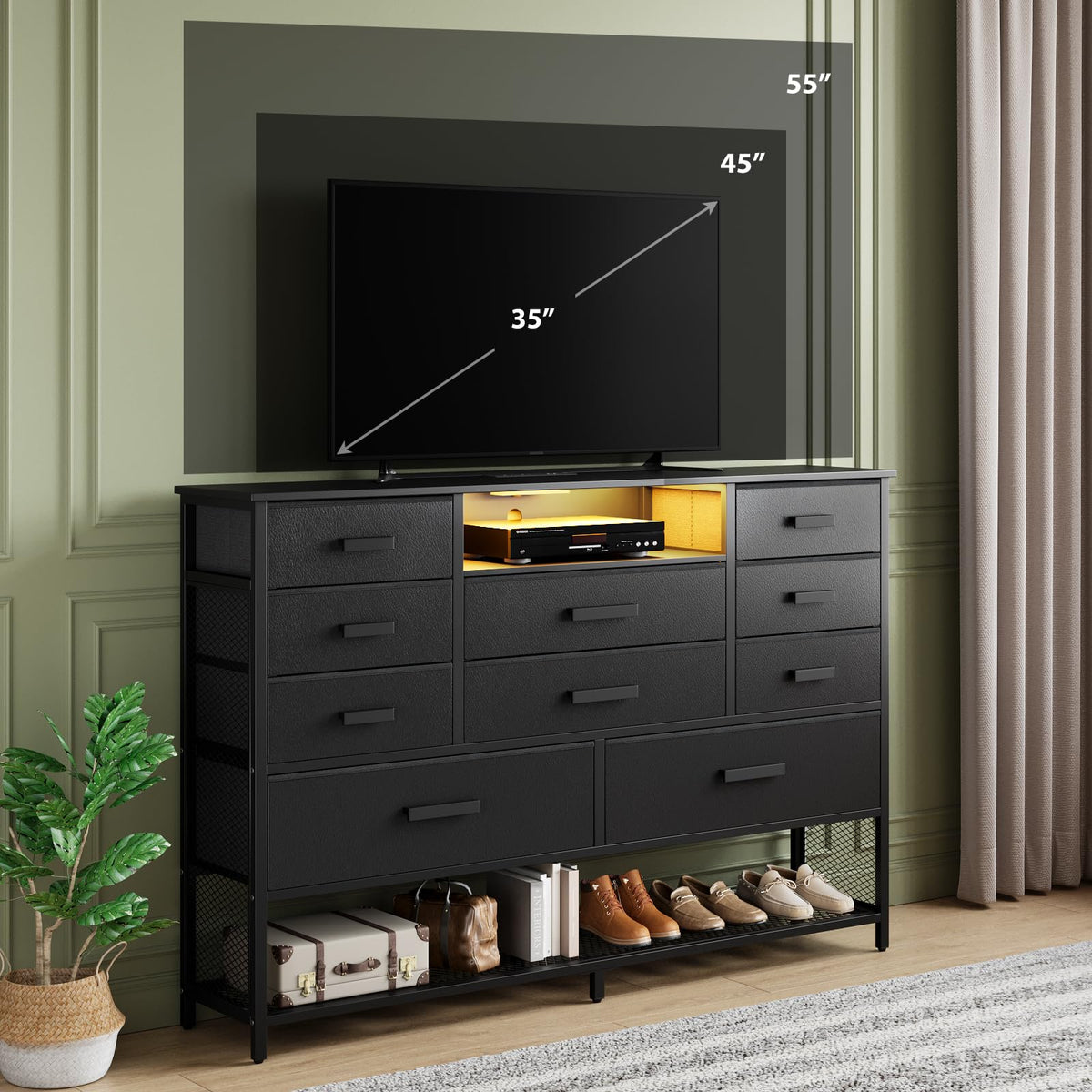 Black 10 Drawer Dresser with Charging Station and LED Light F808180