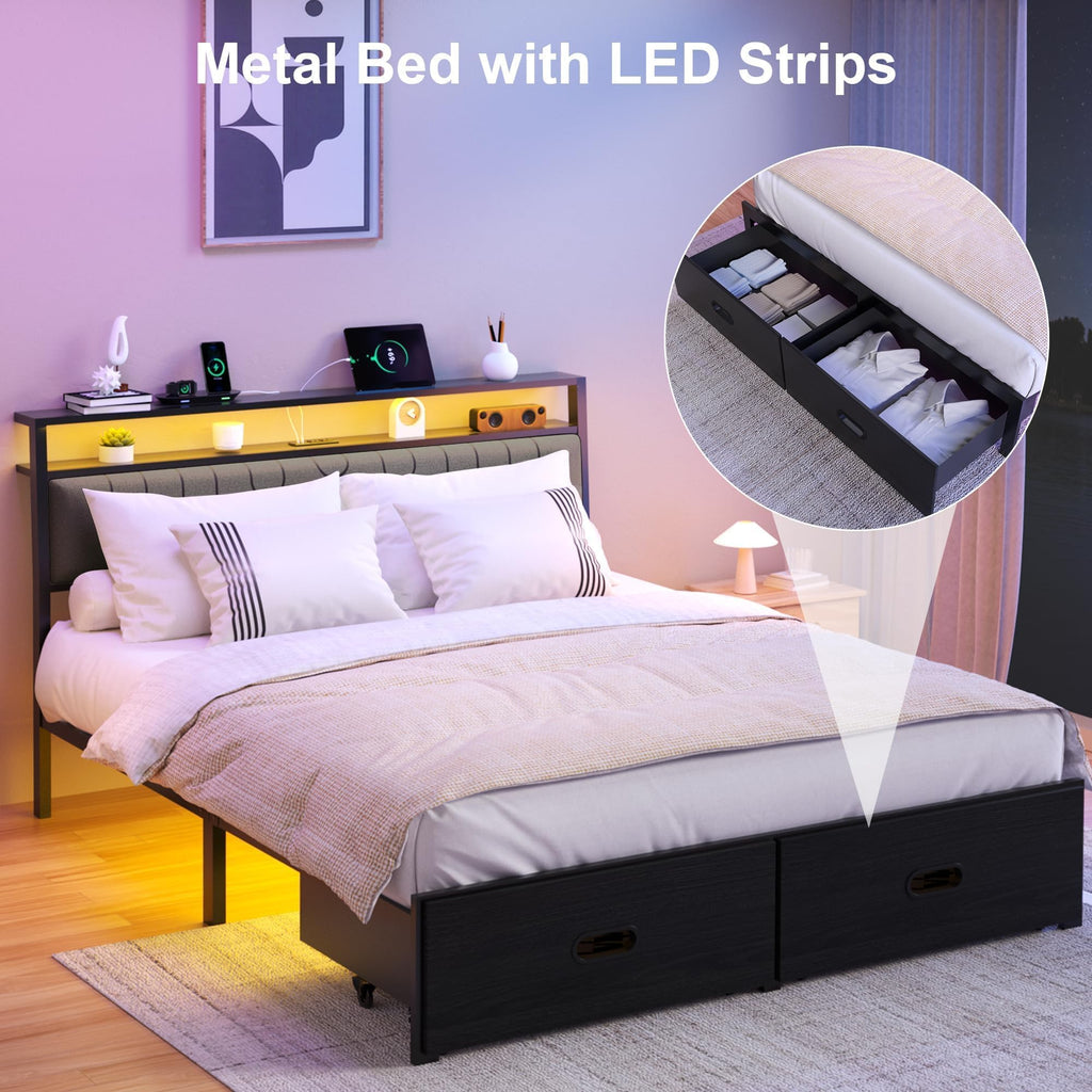 Full Bed Frame with 2 Drawers, LED Lights and Charging Station W918337