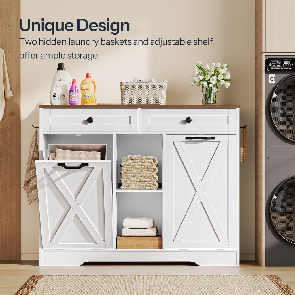 White and Walnut 23 Gallon Laundry Hamper Cabinet with 2 Drawers P19198