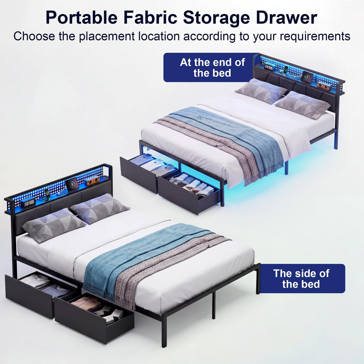 Full Size Upholstered Bed Frame with 2 Drawers and Storage Shelves T603247