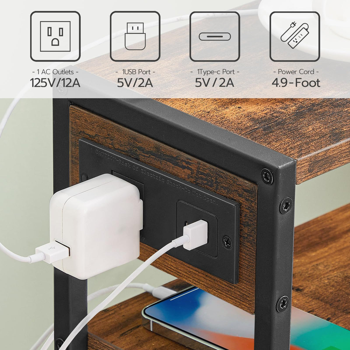 Small Narrow Side Table with Charging Station and Storage Shelf O598252