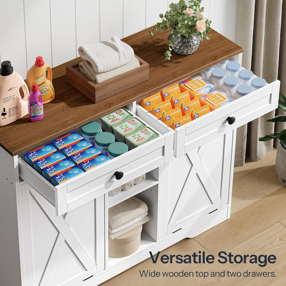 White and Walnut 23 Gallon Laundry Hamper Cabinet with 2 Drawers P19198
