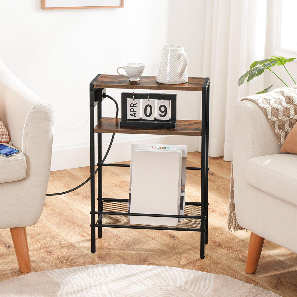 Small Narrow Side Table with Charging Station and Storage Shelf O598252