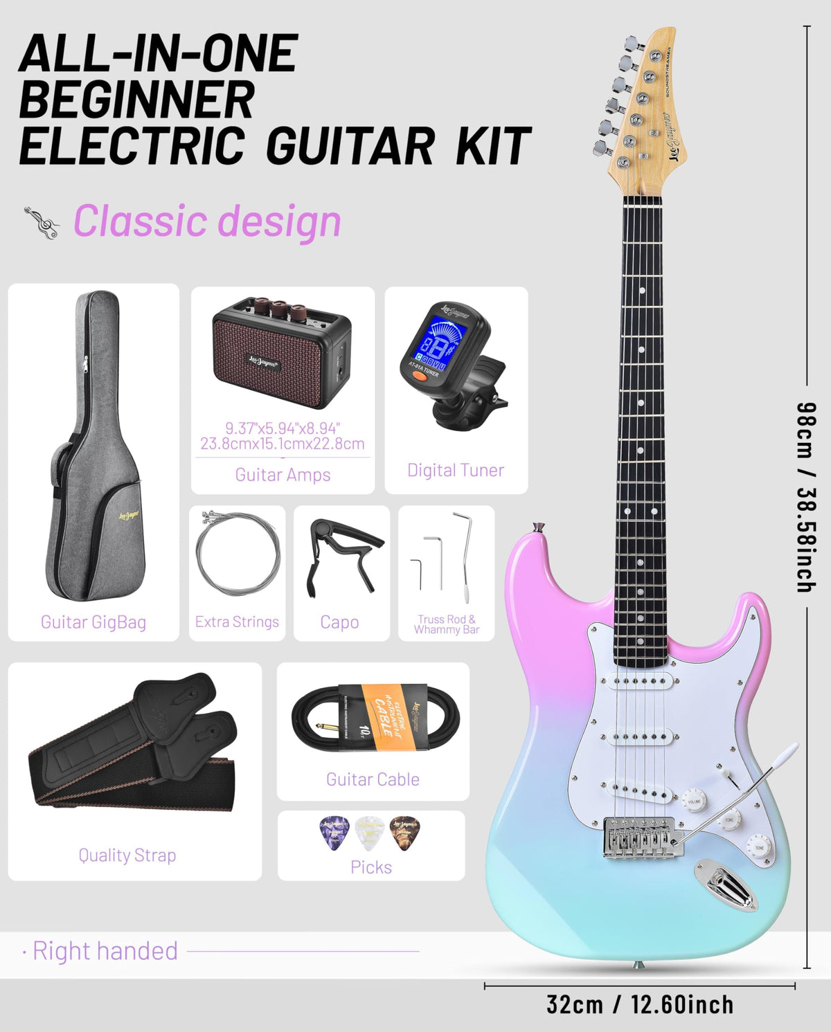 Beginner Electric Guitar 39” Kit with Portable Amplifier, Gig Bag, Tuner, Capo, Strap, Picks, SSS Pickups O88812