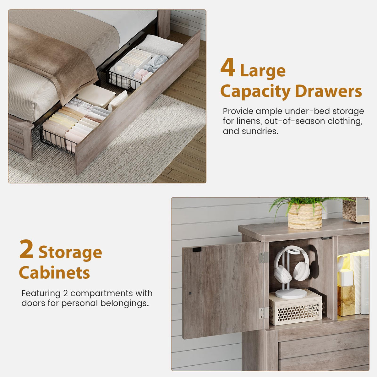 Twin Size Wood Platform Bed Frame with Bookcase Storage Headboard and 4 Drawers D5278