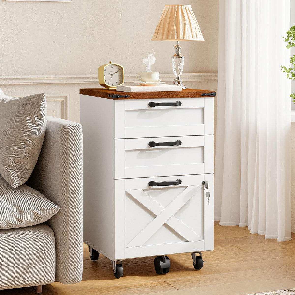 3 Drawer File Cabinet with Lock, Mobile Rolling Office Cabinet, White and Walnut S834046