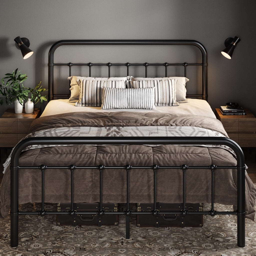 Full Metal Bed Frame with Victorian Iron-Art Headboard, Black L107