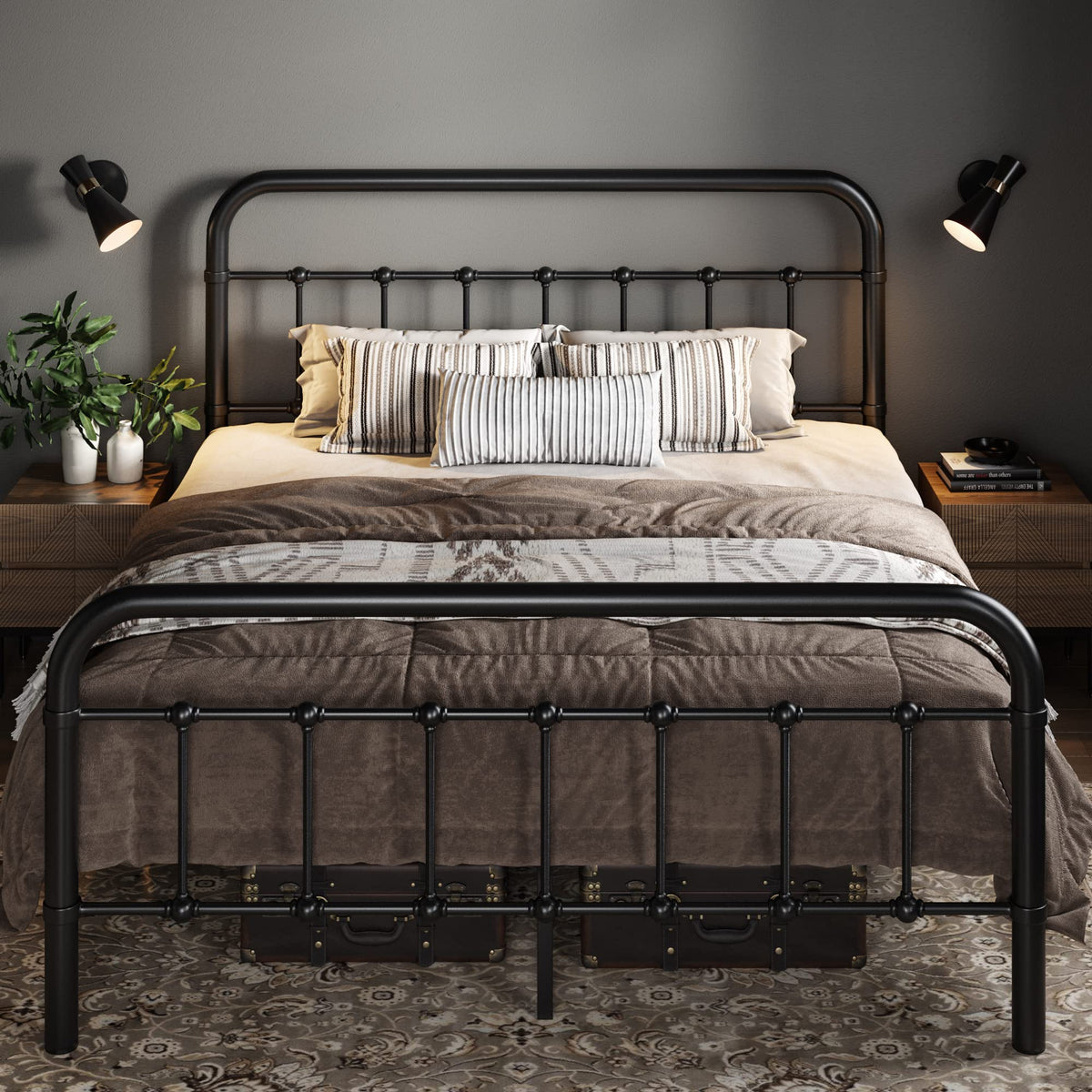 Full Metal Bed Frame with Victorian Iron-Art Headboard, Black L107