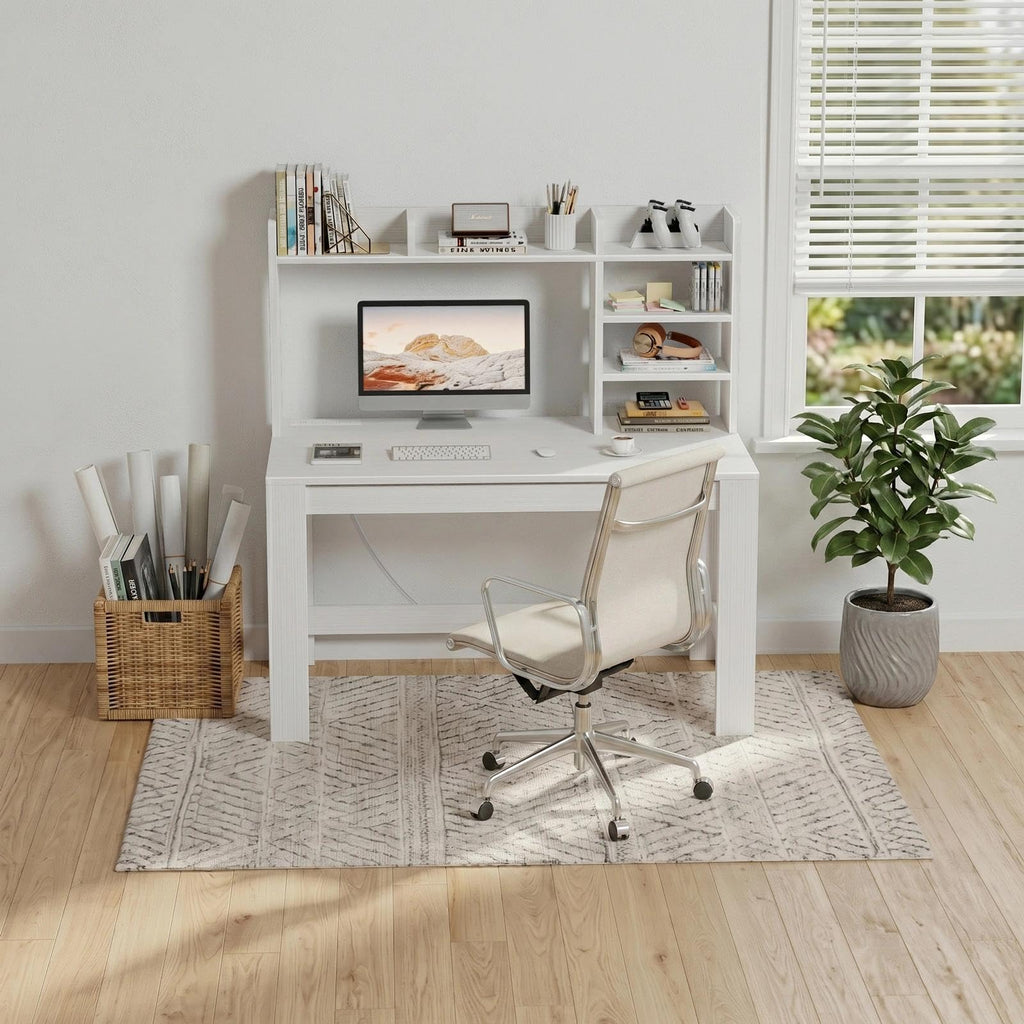 White Student Desk with Hutch and Built-in Power Outlet G672