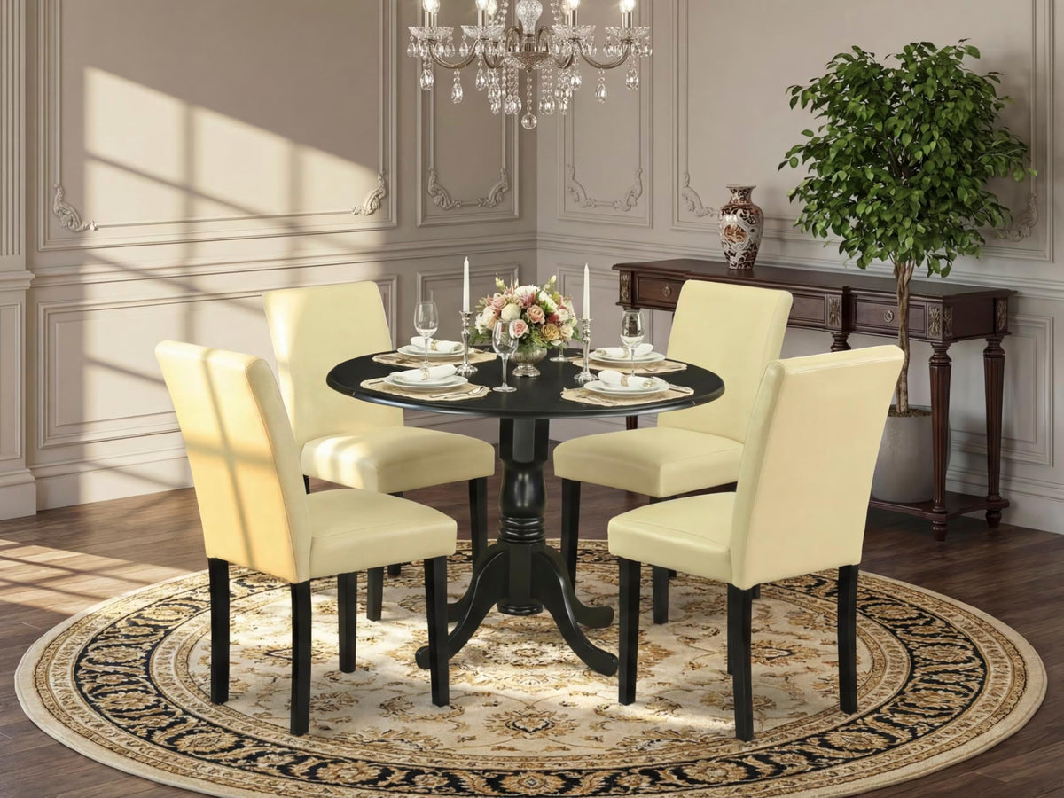 5 Piece Round Dining Table Set with Dropleaf and 4 Faux Leather Chairs L9617