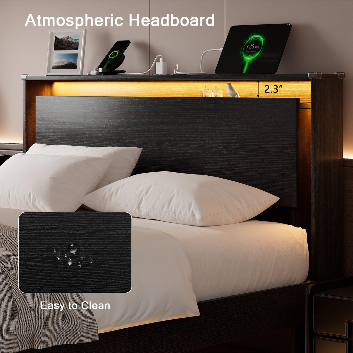 Full Size Wood Bed Frame with Storage Headboard and LED Lights J990638